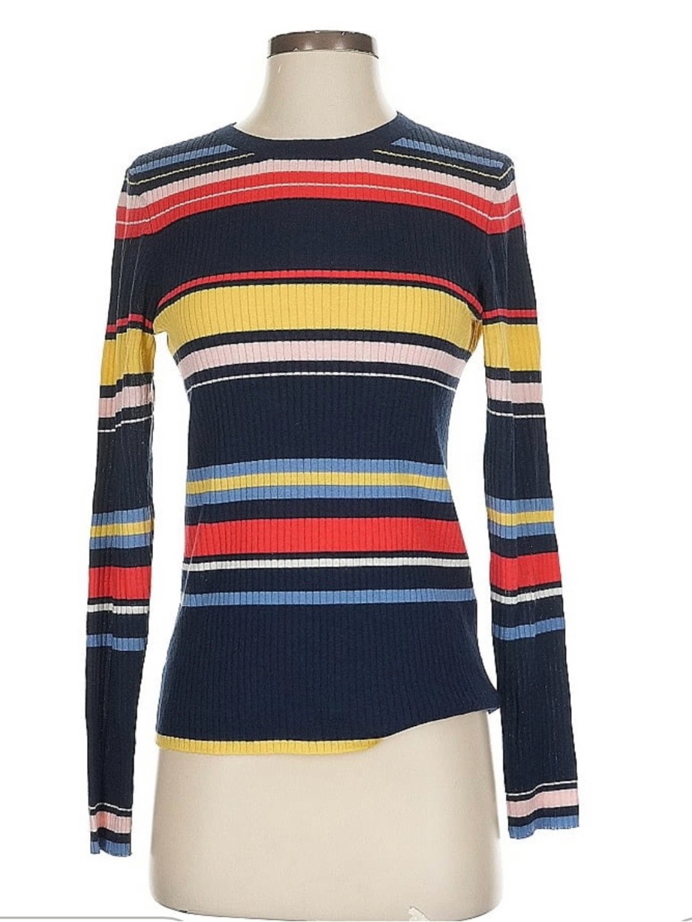 Frame Striped Ribbed Long Sleeve Sweater - Navy, Red, Yellow, Blue